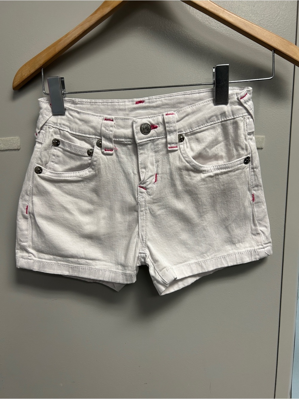 True Religion White Denim Shorts with Pink Stitching